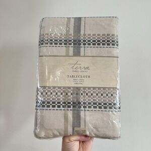 NEW Terra Table Linens Oblong Tablecloth 60x102" Beige Grey Stripe Cotton Blend